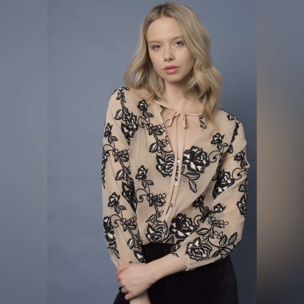 GOLDIE Women's Black Floral Flower Embroidery Sheer Blouse Cream Office Feminine